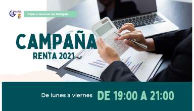 Cartel de la Campaña Renta 2021. Horario de lunes a viernes de 19 a 21 h.